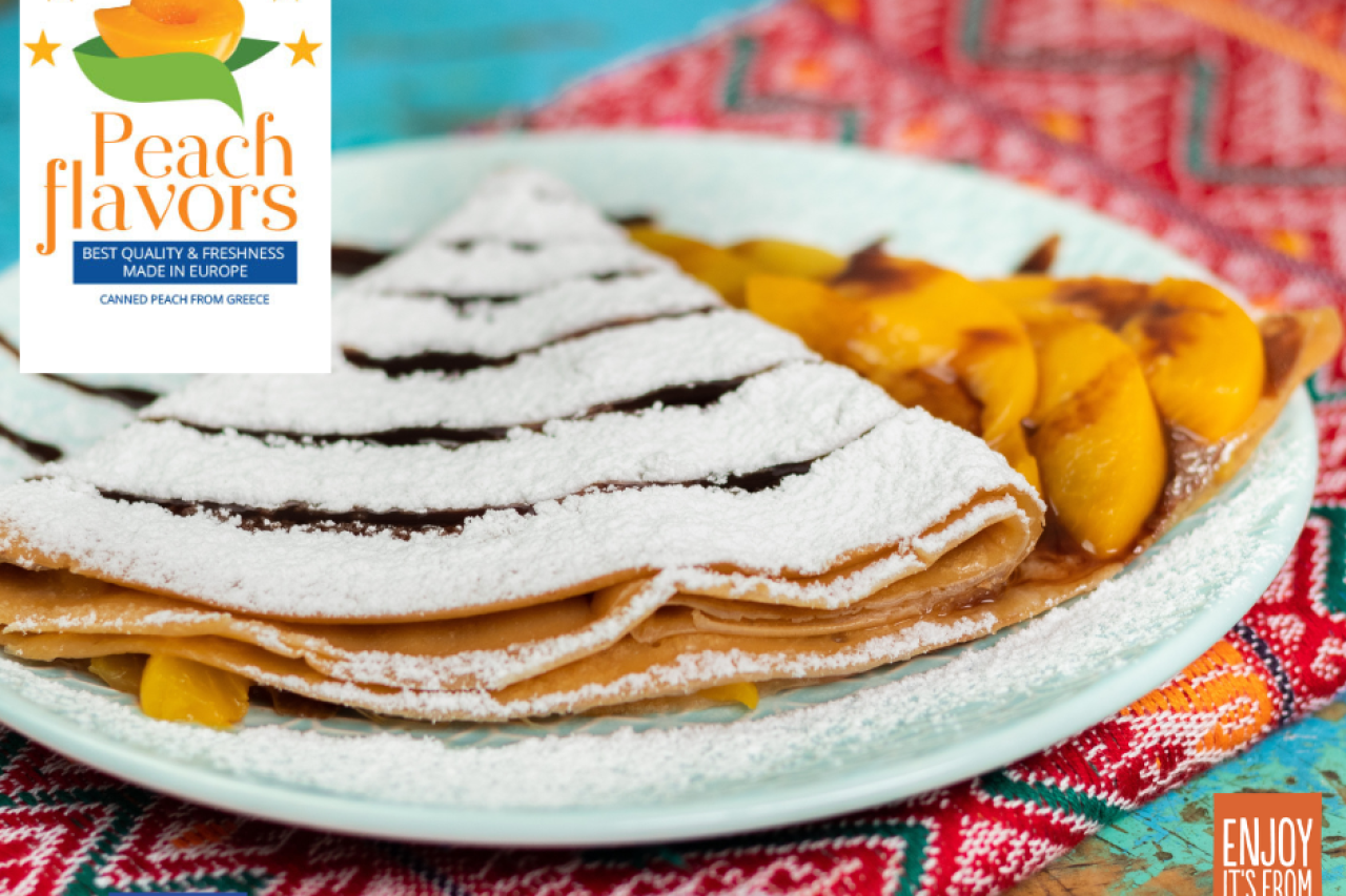 Crepes with European canned peach and chocolate 